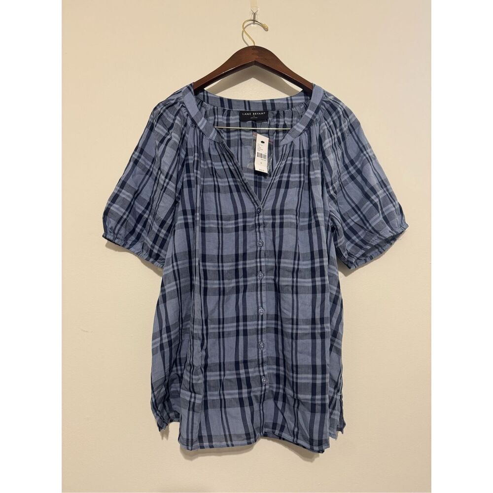 NWT Lane Bryant Puff Sleeve Button Down Blue Plaid Size 12 Blouse